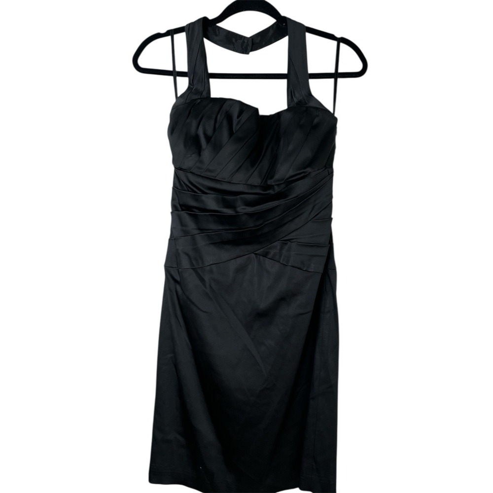 White House Black Market Black Satin Halter Pleated Ruched Cocktail Dress Size 2